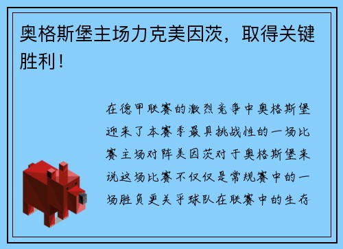 奥格斯堡主场力克美因茨，取得关键胜利！